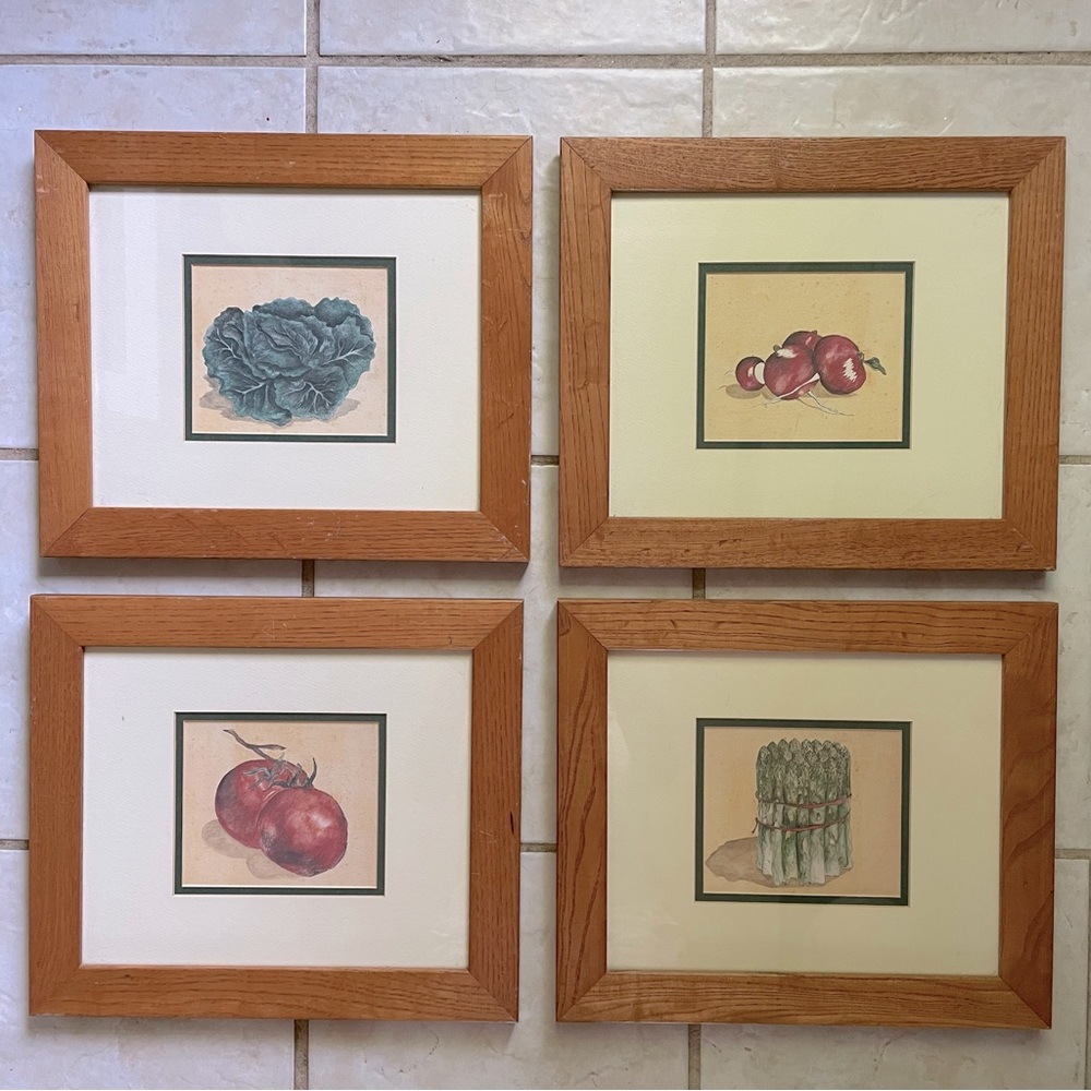 🖼️✨Framed Veggies Art Set of 4 Solid Wood, Double Matted, DIY or Ready to Hang✨